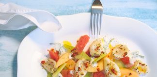 Gegrillte Calamari auf Melonensalat mit Joghurt-Minze-Dressing