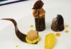 Komposition von der Valrhona Araguani Schokolade und Blumenduftmango