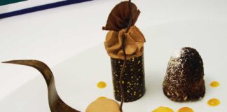 Komposition von der Valrhona Araguani Schokolade und Blumenduftmango