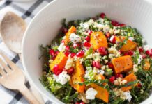 Quinoa-Chia-Salat mit Grünkohl, geröstetem Kürbis und Zitronen-Vinaigrette