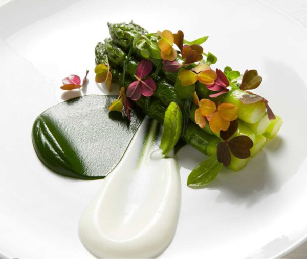 Olivier Nasti: Grüner Spargel aus dem Elsass, Sauerampfer, Schafsjoghurt, Getreidevinaigrette