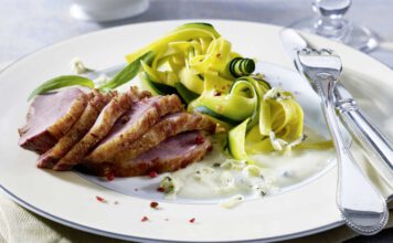 Entenbrust in Castello-Weißweinsauce zu Zucchini-Bandnudeln, foto Castello